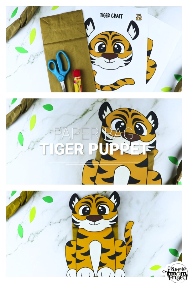 Printable Zoo Animal Tiger Paper Bag Puppet Craft for Kids, preschoolers, toddlers and kindergartners 1