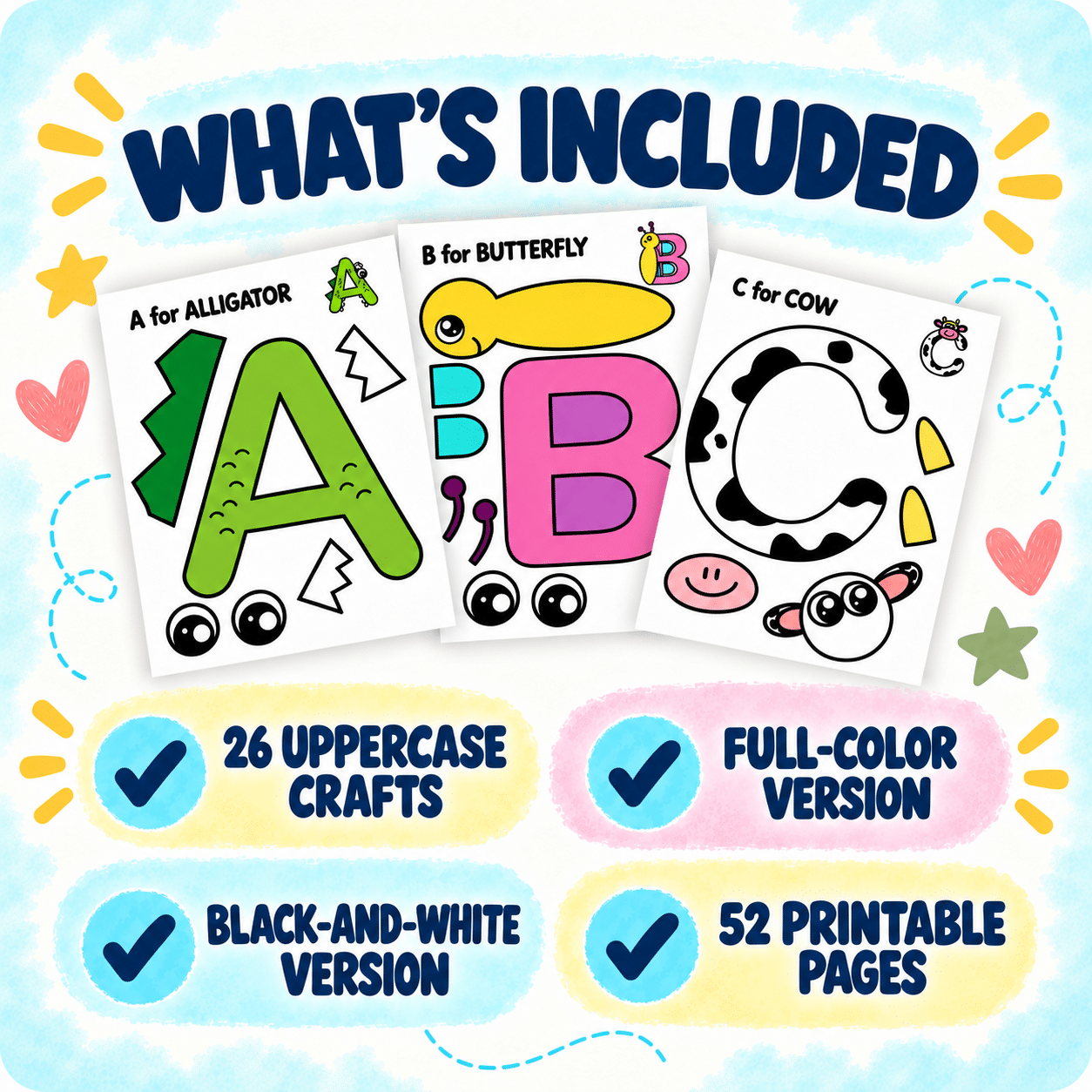 Color and black-and-white printable uppercase letter craft templates included in the alphabet bundle