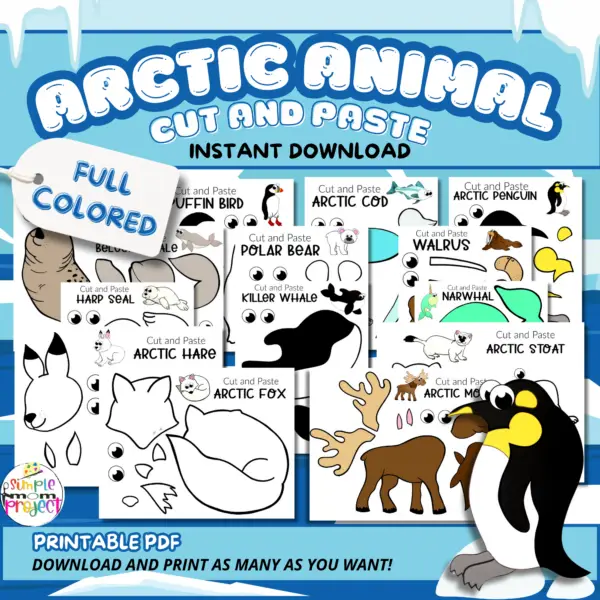 Winter’s just around the corner, so keep your kids warm inside with an adorable series of printable Arctic Animal Crafts. From Penguins & Seals, Foxes to Whales, there’s so many Arctic Animals to choose from! These full colored, simple cut & paste Arctic Animal crafts are fun art projects for toddlers or preschoolers & bring joy to homeschool activities. Click here to grab your full colored Arctic Animal Crafts today!