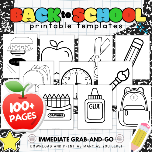 100+ back to school printable templates bundle featuring school-themed crafts and coloring activities for preschool and kindergarten