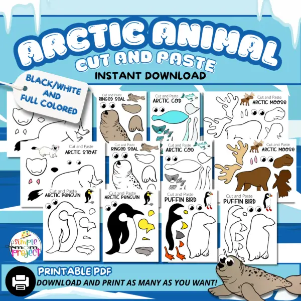 Winter’s just around the corner, so keep your kids warm inside with an adorable series of printable Arctic Animal Crafts. From Penguins & Seals, Foxes to Whales, there’s so many Arctic Animals to choose from! These black and white and full colored, simple cut & paste Arctic Animal crafts are fun art projects for toddlers or preschoolers & bring joy to homeschool activities. Click here to grab your blank and full colored Arctic Animal Craft bundle today!