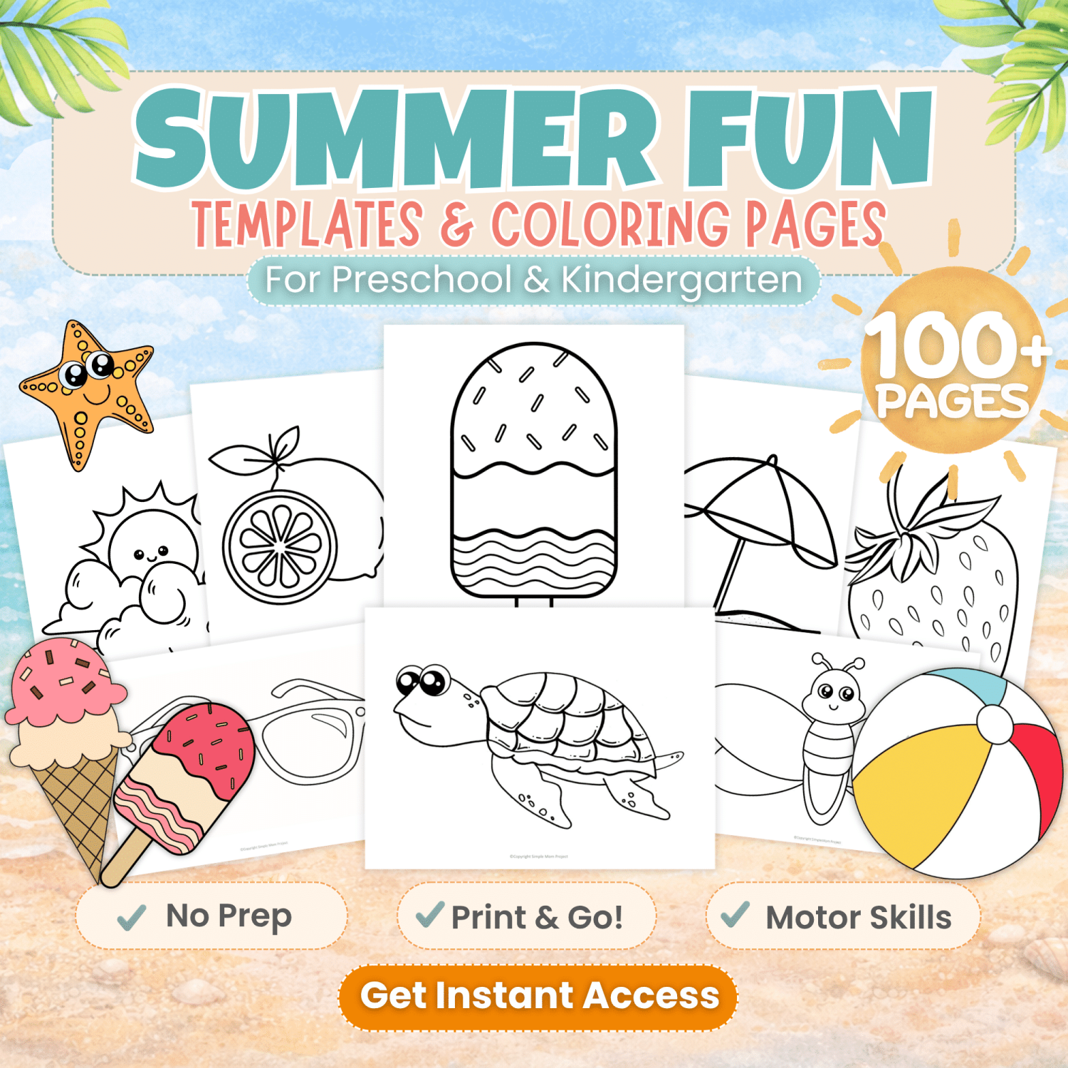 100+ summer templates bundle with printable beach, sunshine, ocean, camping, and summer-themed activities for kids.