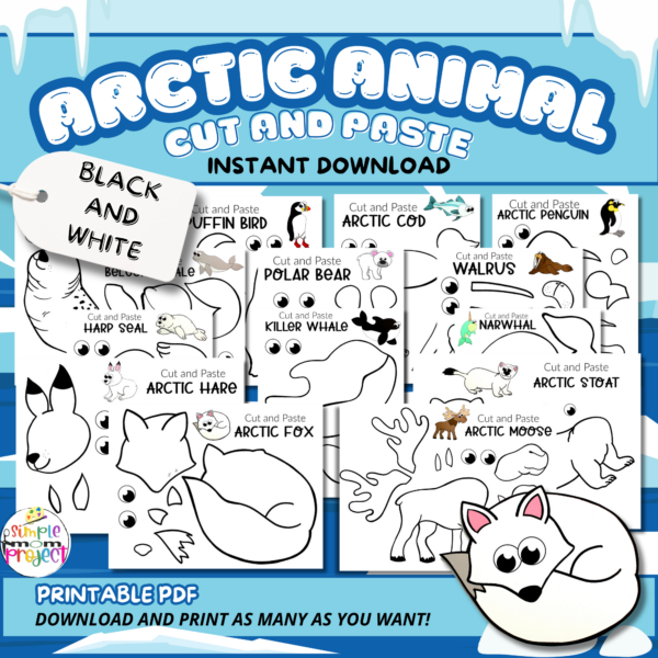 Winter’s just around the corner, so keep your kids warm inside with an adorable series of printable Arctic Animal Crafts. From Penguins & Seals, Foxes to Whales, there’s so many Arctic Animals to choose from! These black and white, simple cut & paste Arctic Animal crafts are fun art projects for toddlers or preschoolers & bring joy to homeschool activities. Click here to grab your blank Arctic Animal Crafts today!