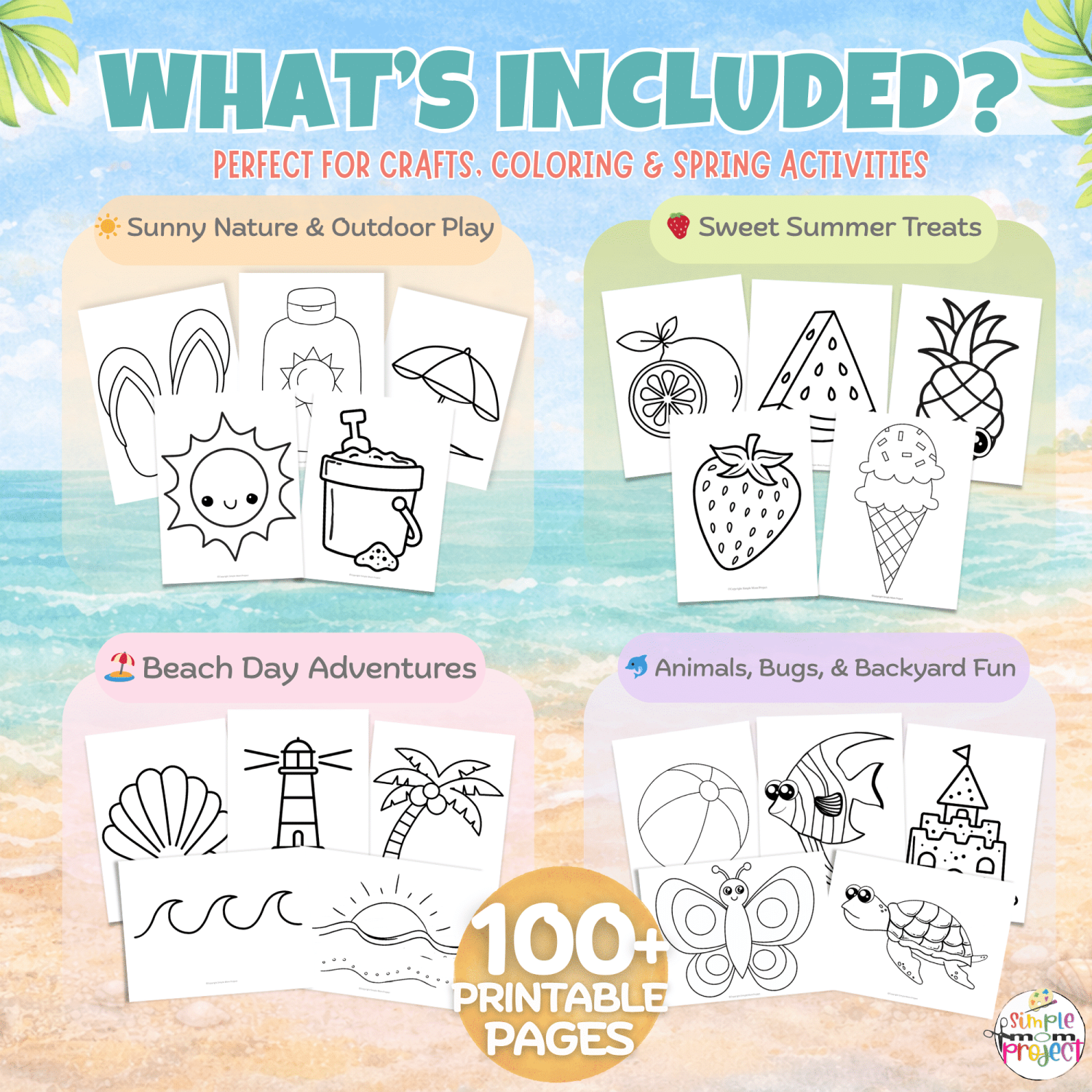 Printable summer craft templates bundle featuring over 100 summer-themed pages for preschool and kindergarten kids.