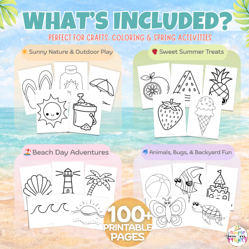 Printable summer craft templates bundle featuring over 100 summer-themed pages for preschool and kindergarten kids.