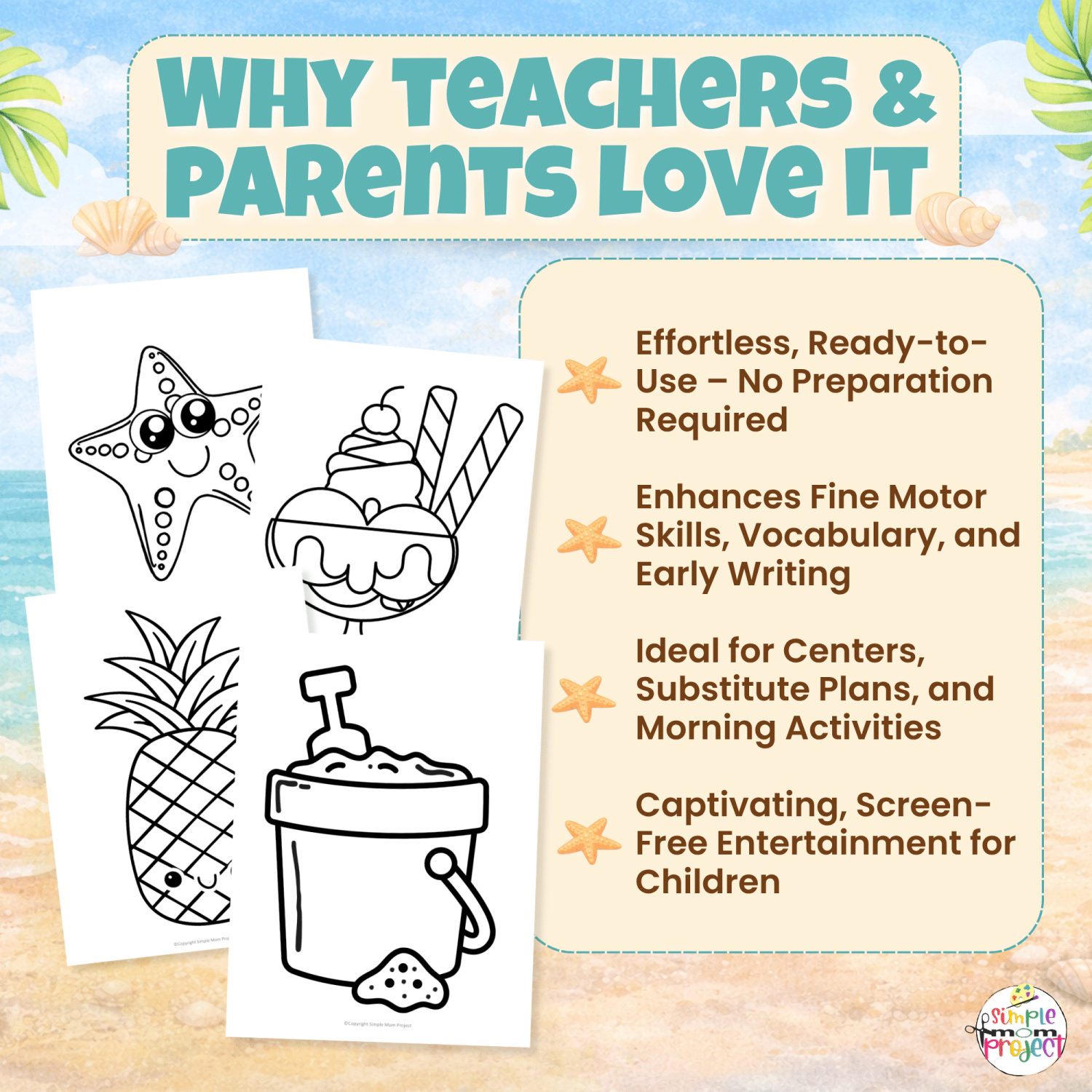 Printable summer templates for preschool and kindergarten featuring beach, sun, ocean, and camping themes.