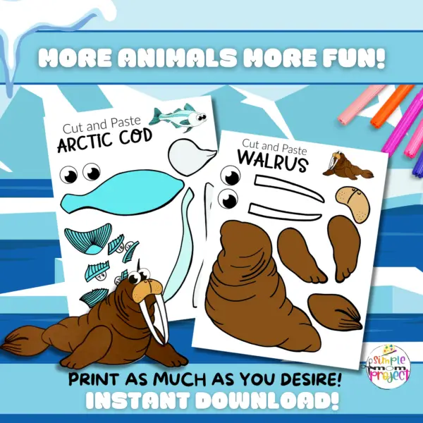 Winter’s just around the corner, so keep your kids warm inside with an adorable series of printable Arctic Animal Crafts. From Penguins & Seals, Foxes to Whales, there’s so many Arctic Animals to choose from! These black and white and full colored, simple cut & paste Arctic Animal crafts are fun art projects for toddlers or preschoolers & bring joy to homeschool activities. Click here to grab your blank and full colored Arctic Animal Craft bundle today!