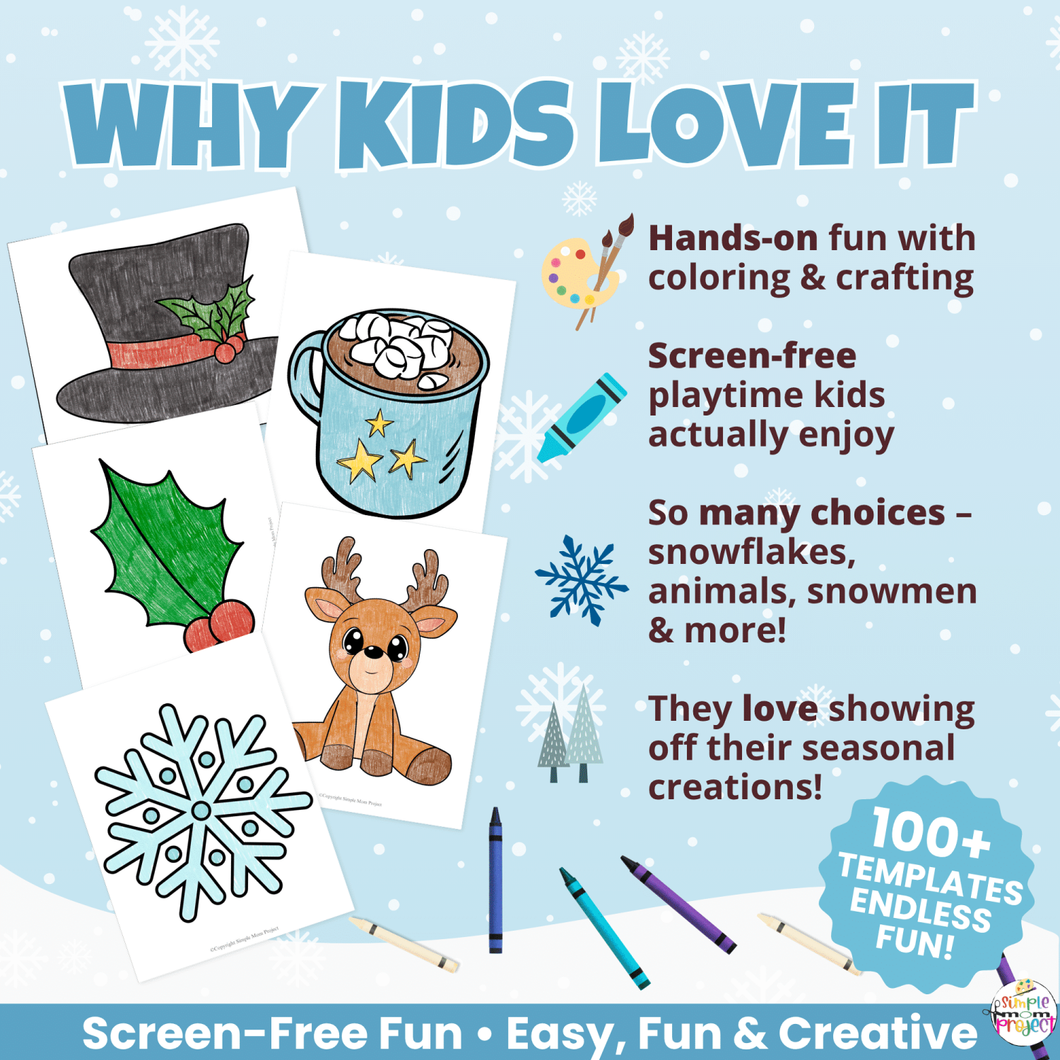 Add some frosty fun to your day with printable crafts for kids! Includes 100+ winter activities that promote creativity and screen-free learning. 🖍️⛄ #WinterCraftIdeas #SimpleMomProject