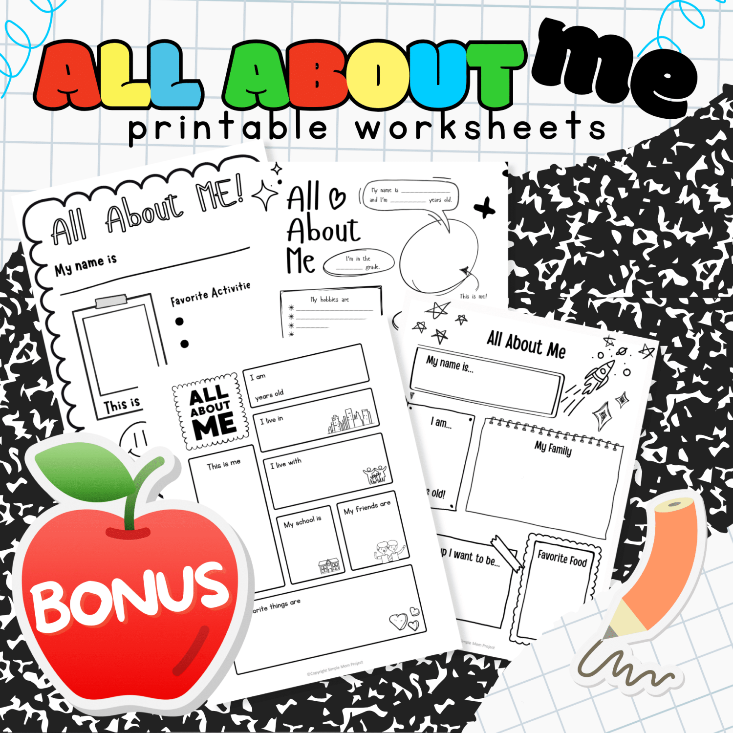 Back to school printable bundle showing backpacks, pencils, crayons, books, apples, and school-themed template pages