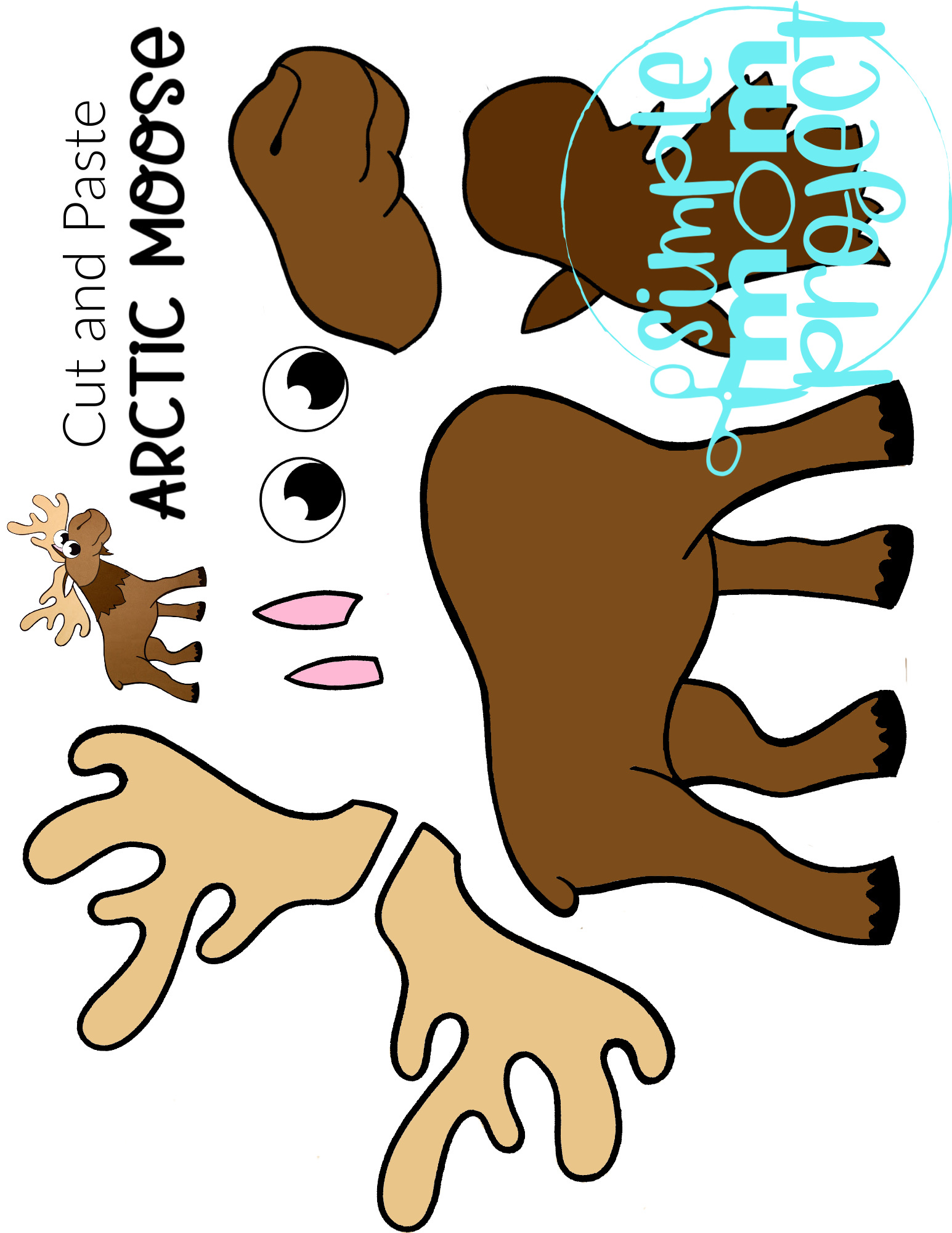 Printable Moose Arctic Animal Cut and Paste Crafts for Kids, kindergartners, preschoolers and toddlers 1