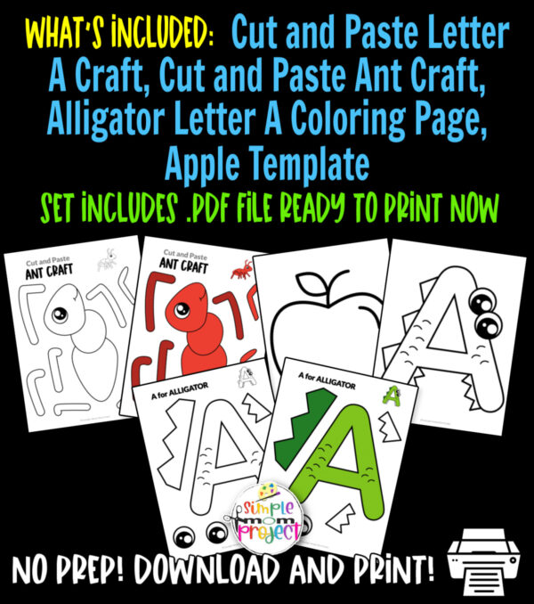 Grab our fun, no prep, printable Letter A alphabet craft for your preschoolers, toddlers, kindergarten kids! Teach your students the letter A with our cut and paste ant craft, a is for Alligator craft and a fun a is for Apple template! Your kids will love these simple letter A crafts. Print your copy now!