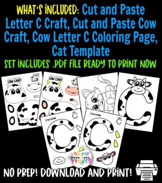 Take out your crafting materials and get our fun printable letter C craft bundle suitable for kids of all ages. Use our printable cow cut and paste crafts, letter C coloring page and cat template to teach your preschoolers the /C/ sound. Kids will love these simple activities and you will love how easy the prep is! Print your copy now!