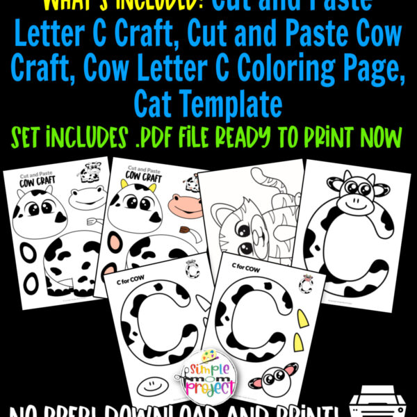 Take out your crafting materials and get our fun printable letter C craft bundle suitable for kids of all ages. Use our printable cow cut and paste crafts, letter C coloring page and cat template to teach your preschoolers the /C/ sound. Kids will love these simple activities and you will love how easy the prep is! Print your copy now!