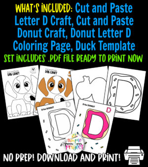 Grab our fun and easy printable letter D craft bundle for your kids. Teach your students the letter D with our D for donut cut and paste craft, dog craft and duck template. These fun activities will keep your kids’ little hands busy and motivated while developing fine motor skills. Print your copy now and share it with others today!