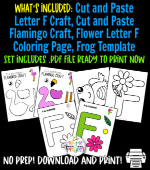 Grab our low-prep, fun printable letter F craft bundle for your little ones while they are stuck at home. Teach your kids the letter F sound with our F for flower cut and paste crafts, flamingo craft and frog template. Kids can work on their coloring, cutting and sticking skills with these printable letter F templates. Purchase your own letter F templates now!