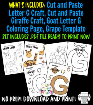 Download and purchase this fun printable letter G craft bundle today. This bundle includes letter G for goat craft, letter G coloring page, giraffe cut and paste and grape template that’s perfect to use when teaching your preschoolers the G sound. Our letter G printable crafts are perfect to share to your family and friends. Be sure to print your copy now!