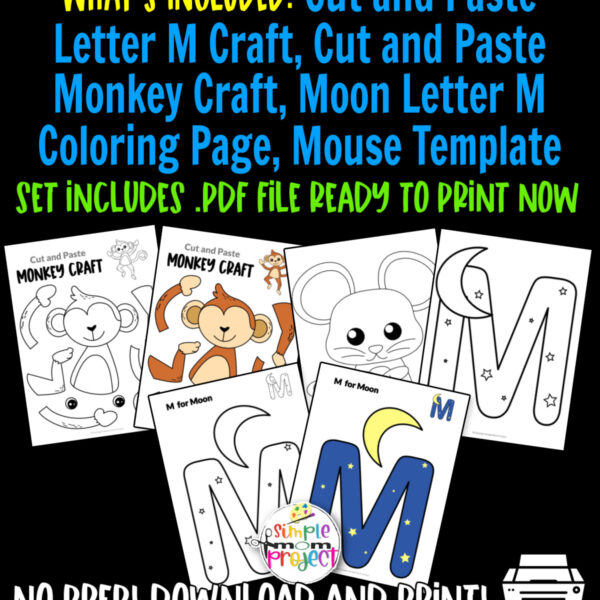 Grab our fun and easy printable letter M crafts for your children. It’s the ideal activity for teaching your little ones about letter M and simple words such as moon, monkey, mouse, etc. This printable letter M craft bundle includes letter M for moon crafts, monkey cut and paste crafts, letter M coloring page and a cute mouse template that kids will surely enjoy making. Make sure to print your copy now!