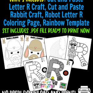 Grab our fun, low prep printable letter R craft bundle for your kids. Teach your preschooler the R sound with our letter R for robot craft, cut and paste rabbit craft and a lovely rainbow template. These printable letter R templates are super easy for kids to color, cut and glue. Be sure to purchase your copy today!