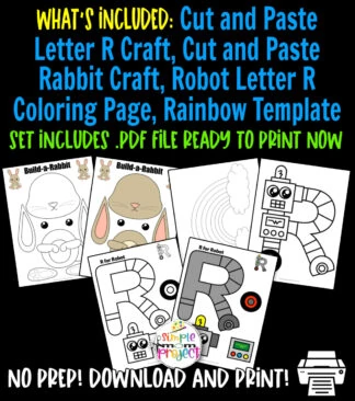 Grab our fun, low prep printable letter R craft bundle for your kids. Teach your preschooler the R sound with our letter R for robot craft, cut and paste rabbit craft and a lovely rainbow template. These printable letter R templates are super easy for kids to color, cut and glue. Be sure to purchase your copy today!