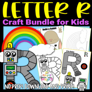 Grab our fun, low prep printable letter R craft bundle for your kids. Teach your preschooler the R sound with our letter R for robot craft, cut and paste rabbit craft and a lovely rainbow template. These printable letter R templates are super easy for kids to color, cut and glue. Be sure to purchase your copy today!