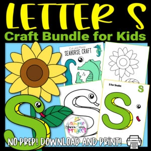 Click now to purchase our printable letter S craft templates for young children, preschool, kindergarten and grown-up kids. Teach your kids the /S/ sound with our letter S for snake crafts, snake letter S coloring page, cut and paste seahorse crafts and a sunflower template. Kids will love making these easy activities! Make sure to print your copy now!