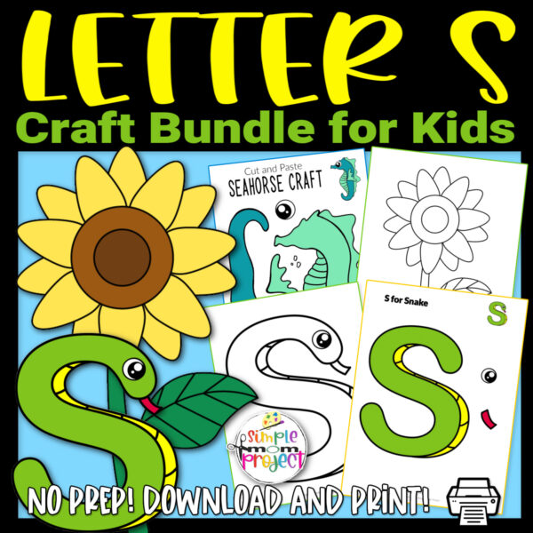 Click now to purchase our printable letter S craft templates for young children, preschool, kindergarten and grown-up kids. Teach your kids the /S/ sound with our letter S for snake crafts, snake letter S coloring page, cut and paste seahorse crafts and a sunflower template. Kids will love making these easy activities! Make sure to print your copy now!