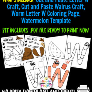 Click now to purchase our printable letter W craft bundle for your young children, preschool and kindergarten kids. Teach your kids the W sound with our letter W for worm craft, letter W coloring page, cut and paste walrus craft and a delicious watermelon template. Kids will have lots of fun coloring, cutting and sticking together these letter W crafts. Print your copy now!