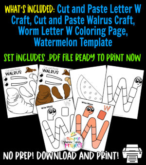 Click now to purchase our printable letter W craft bundle for your young children, preschool and kindergarten kids. Teach your kids the W sound with our letter W for worm craft, letter W coloring page, cut and paste walrus craft and a delicious watermelon template. Kids will have lots of fun coloring, cutting and sticking together these letter W crafts. Print your copy now!