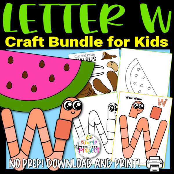 Click now to purchase our printable letter W craft bundle for your young children, preschool and kindergarten kids. Teach your kids the W sound with our letter W for worm craft, letter W coloring page, cut and paste walrus craft and a delicious watermelon template. Kids will have lots of fun coloring, cutting and sticking together these letter W crafts. Print your copy now!