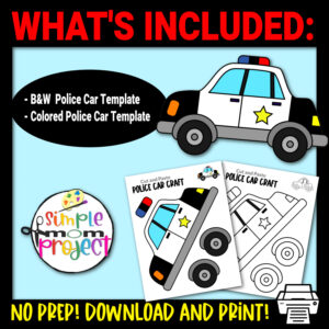 Are you looking for fun craft activities for your toddler, preschool and kindergarten kids? This easy printable police car craft is perfect for children who aspire to be a policeman someday. Our printable police car template is great for children’s parties or imaginative play. Be sure to grab your simple printable police car template today!