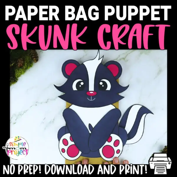 If you’re looking for a basic printable skunk template, we’ve got you covered. This easy cut-and-paste skunk template is perfect to make a paper bag skunk puppet, paper plate skunk, skunk popsicle stick craft and skunk mask. Use this fun skunk paper bag puppet for your forest animals puppet show. Click now to purchase your copy today!