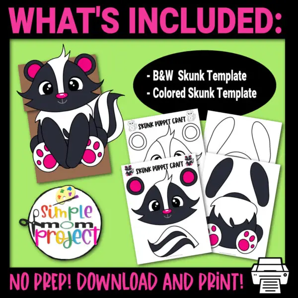 If you’re looking for a basic printable skunk template, we’ve got you covered. This easy cut-and-paste skunk template is perfect to make a paper bag skunk puppet, paper plate skunk, skunk popsicle stick craft and skunk mask. Use this fun skunk paper bag puppet for your forest animals puppet show. Click now to purchase your copy today!