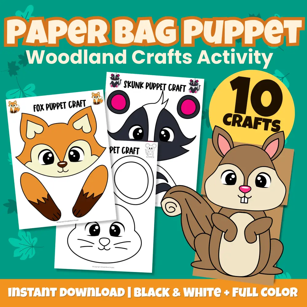 🍃 Bring the forest to life with this Woodland Animal Paper Bag Puppet Bundle! Includes 10 animals in color + black & white. Perfect for preschool, kindergarten, and homeschool fun!