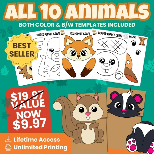 🌲 Looking for easy woodland crafts for kids? This bundle includes 10 cute woodland animals in both color + black & white versions. Perfect for classrooms, daycare, and homeschool units!