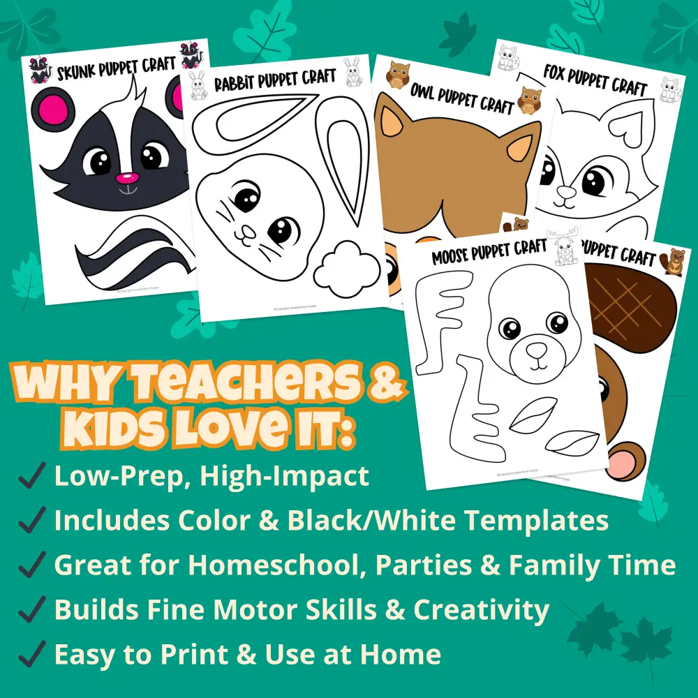 🐻 This Woodland Paper Bag Puppet Craft Set includes fox, bear, owl, deer, raccoon & more! Ideal for classroom centers, dramatic play, and forest animal units.