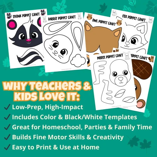 🐻 This Woodland Paper Bag Puppet Craft Set includes fox, bear, owl, deer, raccoon & more! Ideal for classroom centers, dramatic play, and forest animal units.