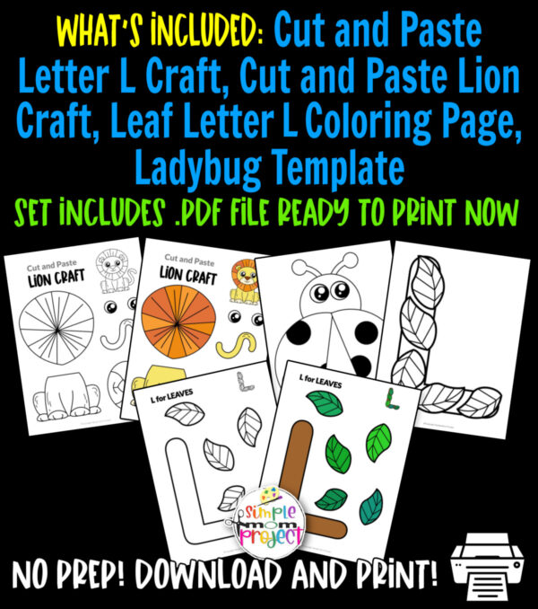 Click now to download and purchase our fun printable letter L craft bundle for your toddler, preschool and kindergarten kids. Teach your kids the letter L with our lion cut and paste crafts, L for leaves crafts and a cute ladybug template. Kids will enjoy and learn