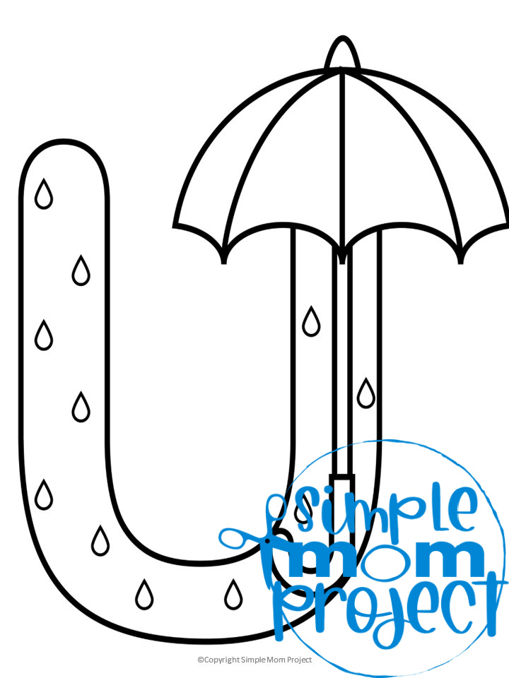 Printable Letter U is Umbrella Coloring Page Letter U template for preschool, toddlers, kindergarten kids 1