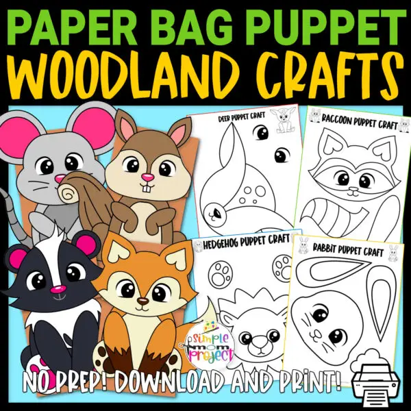 Are you looking for basic black and white woodland animal activities for your preschool and kindergarten kids? These easy, black and white printable woodland animal puppet crafts are great for improving coloring skills and fine motor skills development. From a blank printable beaver to a squirrel craft, every woodland creature is easy to assemble and brings lots of fun to your kids.