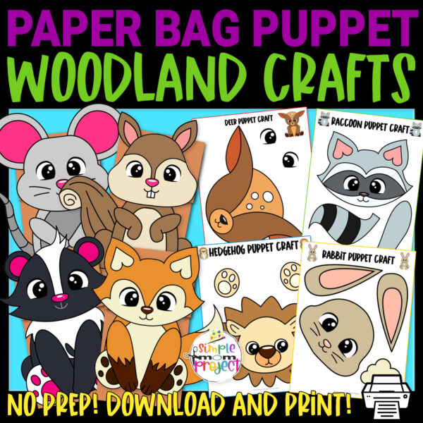 Are you looking for easy, fun cut-and-paste woodland animal activities for your kids? These printable woodland animal paper bag puppet bundle crafts are ideal for preschool and kindergarten kids who are fascinated with a fox, raccoon, owl, hedgehog and other woodland creatures. Enjoy making your own forest animal hand puppet and host a puppet show today!