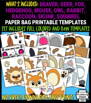 Are you looking for easy, fun cut-and-paste woodland animal activities for your kids? These printable woodland animal paper bag puppet bundle crafts are ideal for preschool and kindergarten kids who are fascinated with a fox, raccoon, owl, hedgehog and other woodland creatures. Enjoy making your own forest animal hand puppet and host a puppet show today!