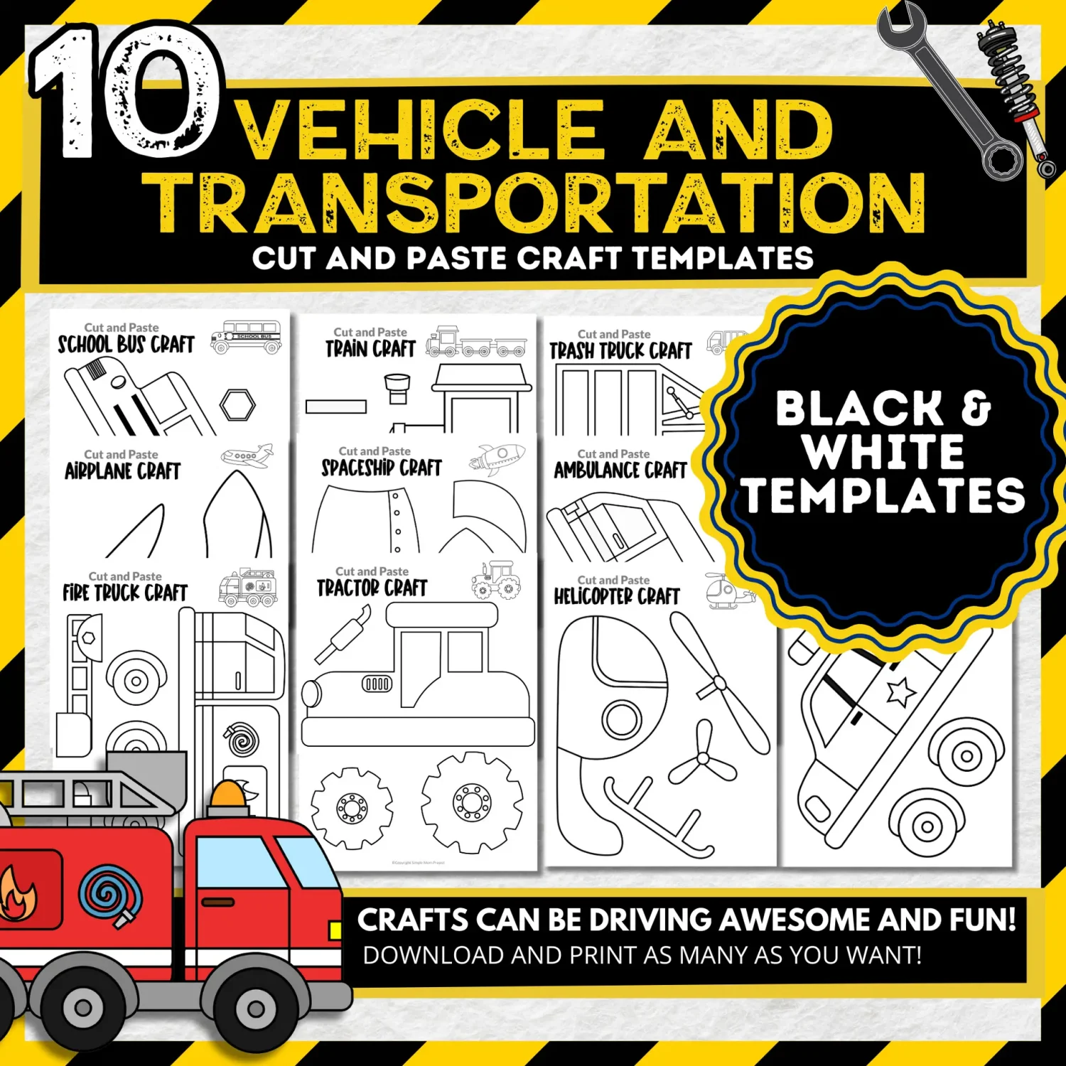 Transportation Crafts – 10 Black & White Printable Vehicle Cut & Paste Activities for Kids