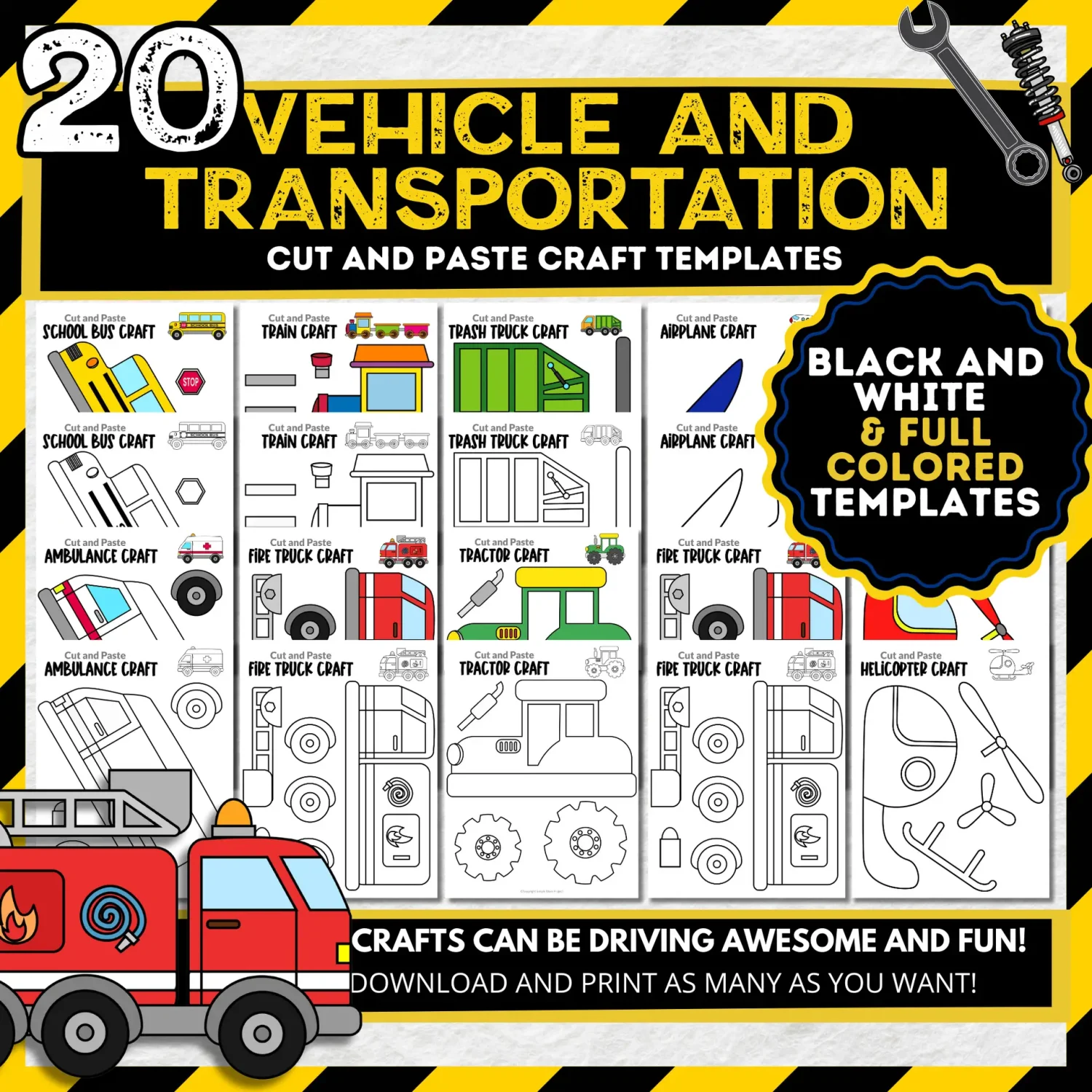 Transportation Crafts Bundle – 20 Printable Vehicle Cut & Paste Activities for Kids
