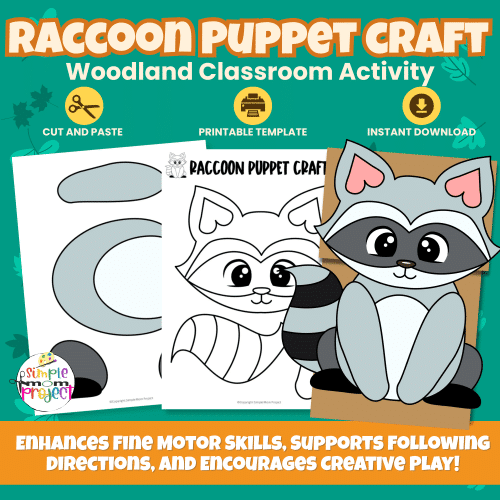 Bring woodland fun to your classroom or home with this Raccoon Paper Bag Puppet Craft! A simple, no-prep printable for preschool and kindergarten. 🌲🦝 #KidsCrafts #WoodlandTheme