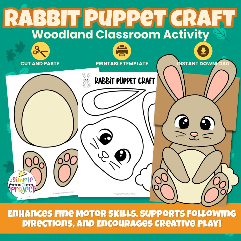 Hop into fun with this Rabbit Paper Bag Puppet Craft! A simple printable activity for preschool and kindergarten — just print, cut, glue, and play! 🐰🌿 #WoodlandCraft #KidsActivities