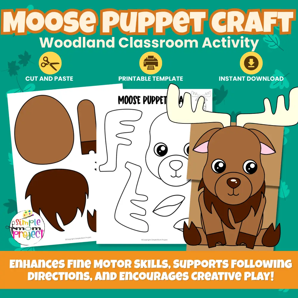 Bring woodland fun to your classroom with this Moose Paper Bag Puppet Craft! Easy to print, cut, and glue — perfect for preschool and kindergarten. 🌲🫎 #WoodlandCraft #KidsActivity