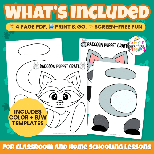Create your own Woodland Raccoon Puppet! This easy printable craft is perfect for preschoolers to cut, glue, and play while building fine motor skills. ✂️🎨 #PreschoolCraft #PrintableActivity