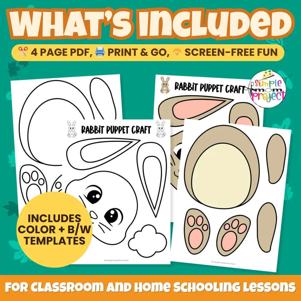 This Printable Rabbit Craft is perfect for woodland animal units or spring lessons! Kids can color, cut, and create their own adorable bunny puppet. ✂️🐇 #PrintableCraft #PreschoolActivity