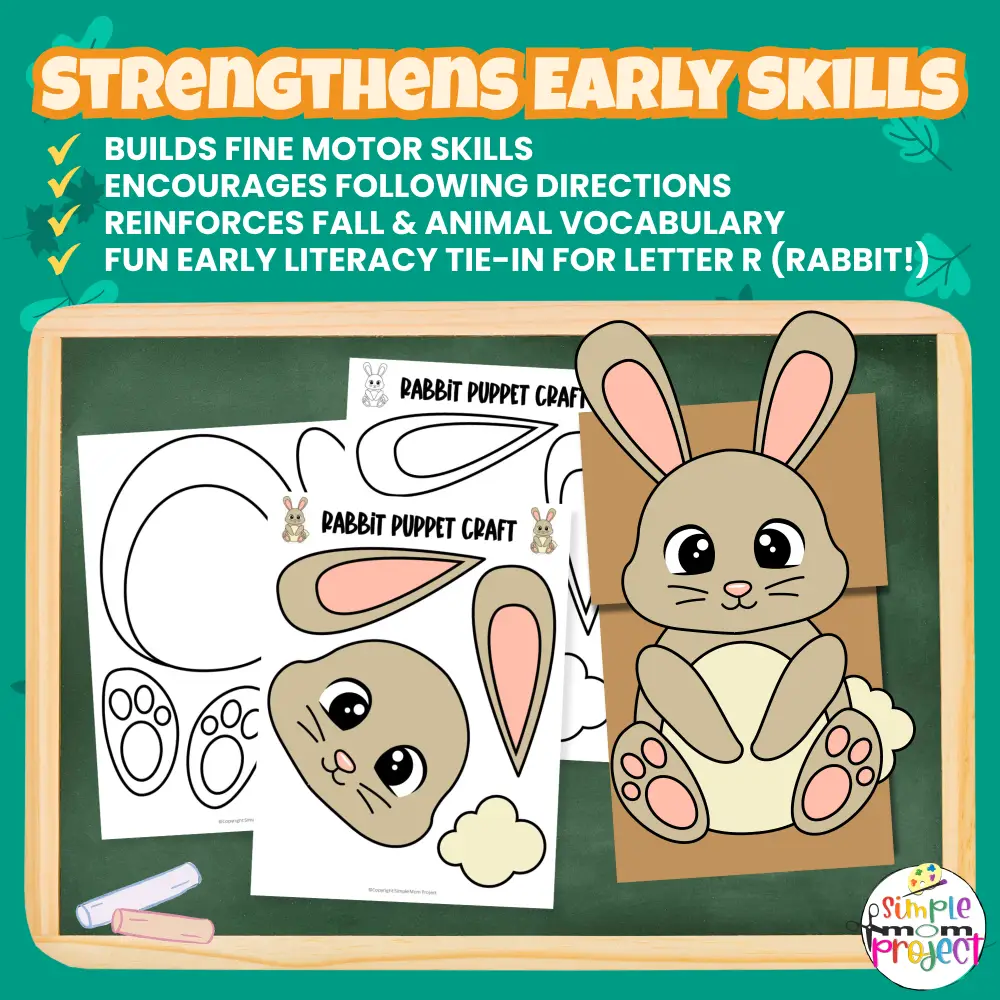 Make storytime interactive with this Woodland Bunny Puppet Template! A quick and easy paper bag craft that builds fine motor skills and creativity. 🌸🎨 #WoodlandTheme #KidsCraft