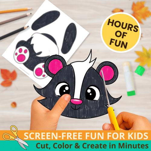 Add a cute forest friend to your lessons with this Skunk Paper Bag Puppet Template! A simple, no-prep printable for preschool and homeschool. 🍂✂️ #WoodlandCrafts #PrintablePuppet